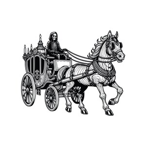 May include: A black and white illustration of a skeletal figure riding in a horse-drawn carriage. The carriage is ornate and has a skeletal horse pulling it.