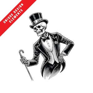 May include: A black and white illustration of a skeleton wearing a tuxedo and top hat, holding a cane. The skeleton is posed in a dapper stance, with a bow tie and a flower on the lapel. The words "UNIQUE DESIGN ELEMENTS" are in a red banner.