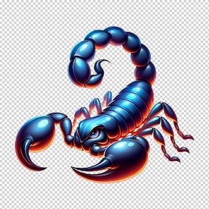 Op de afbeelding: Een blauwe schorpioen met een rode gloed eromheen. De schorpioen zit in een opgerolde positie met zijn staart omhoog.