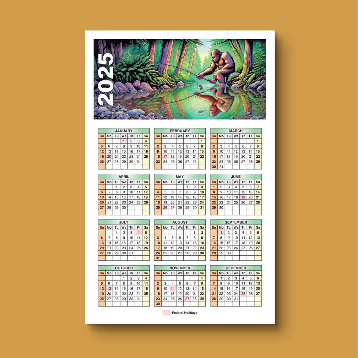 2025 Fishing Bigfoot Calendar PDF Instant Digital Download for Nature