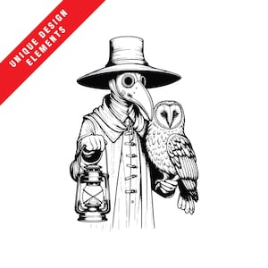 Conjunto de imágenes prediseñadas, doctor de la peste caprichoso y búho sabio, paquete EPS, SVG, PNG, ilustración vectorial original, descarga digital instantánea, arte escalable