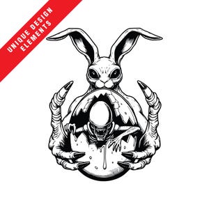 Pacchetto di clipart di coniglio spettrale e uovo alieno - download digitale istantaneo (EPS, SVG, PNG), illustrazione vettoriale originale, arte gotica di buona Pasqua