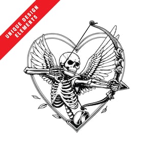 Skelett Amor schießen Pfeil im Herz Clipart-Set - EPS SVG PNG, Original Vektor-Illustration, sofortiger digitaler Download, Valentinstag Grafik