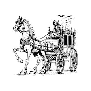 霊柩車、AI、PNG、SVG、フォーマットバンドル、霊柩車のクリップアート、ゴシック様式の馬車とスケルトンのクリップアート、インスタントデジタルダウンロード、オリジナルイラスト