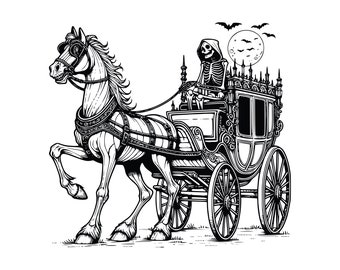 Hearse, AI, PNG, SVG, format bundle, Hearse Clipart, Gothic Carriage with Skeleton Clip Art, Instant Digital Download, Original Illustration
