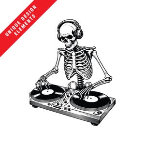 Spooky Skeleton Disc Jockey Clipart-collectie - EPS, SVG, PNG-bundel, originele vectorillustratie, instant digitale download, feestmuziek