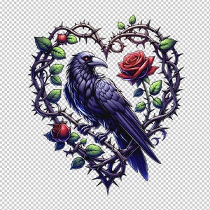 Gotische raaf op hartranken met Crimson Rose - digitale PNG-illustraties, originele illustratie, Instant Download, unieke Valentines Art Design