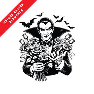 Eleganter Vampir mit Rosenstrauß-Clipart-Set - EPS, SVG, PNG, Originalvektor-Illustration, sofortiger digitaler Download, einzigartige Kunst zum Valentinstag