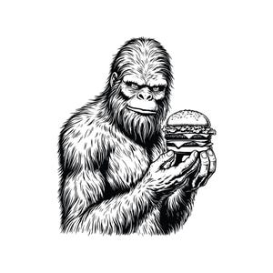 May include: A black and white illustration of a Bigfoot holding a hamburger. The Bigfoot is drawn in a realistic style with fur and a serious expression. The hamburger is a classic double-decker with lettuce, tomato, and cheese.
