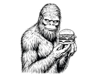 Sasquatch und Burger Fun AI, SVG, PNG Clipart Set zum sofortigen Download, Bigfoot und Hamburger Illustration, digitale Dateien für Ihre Projekte