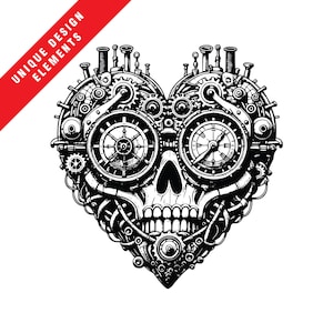Steampunk Herz & Schädel-Clipart-Set - EPS, SVG, PNG-Dateien, Originalillustration, sofortiger digitaler Download, einzigartige anpassbare Grafiken