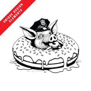 May include: A black and white illustration of a pig wearing a police officer's hat, with a donut in its mouth. The pig is inside a donut with sprinkles.