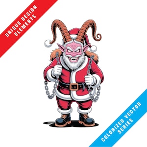 May include: A cartoon illustration of a Krampus-like figure in a Santa Claus suit, holding chains. The figure has red skin, large horns, and an angry expression. The image includes the text "UNIQUE DESIGN ELEMENTS" and "COLORIZED VECTOR SERIES".