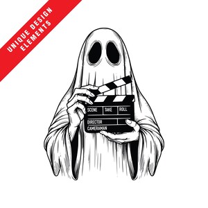 Op de afbeelding: Een zwart-wit illustratie van een spook dat een filmklapper vasthoudt. De klapper heeft de woorden "SCENE", "TAKE", "ROLL", "DIRECTOR" en "CAMERAMAN" erop staan. De woorden "UNIQUE DESIGN ELEMENTS" staan op een rode banner linksboven.