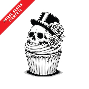 Totenkopf und Rosen Cupcake Dekor zum Valentinstag - Einzigartiges Clipart-Set (EPS, SVG, PNG), Originalillustration, sofortiger digitaler Download