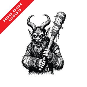 May include: Black and white illustration of a horned, furry creature with a menacing expression holding a barbed club.