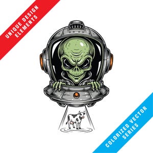 May include: Illustration of a green alien in a space helmet, peering out from a UFO. The alien is menacing, with a stern expression. A beam of light shines down on a black and white cow. Text reads "UNIQUE DESIGN ELEMENTS" and "COLORIZED VECTOR SERIES."