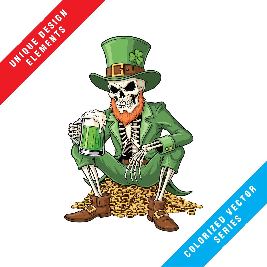 Creepy Leprechaun Skeleton Clipart Bundle | Gold Coins Colored Vector ...