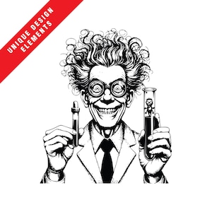 Elementos de diseño de científicos extravagantes, paquete de imágenes prediseñadas EPS, SVG y PNG, ilustración vectorial original, descarga digital instantánea, gráficos artísticos únicos