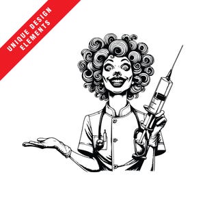 Infirmière effrayante avec seringue EPS, SVG, PNG, Clipart, Illustration vectorielle originale, téléchargement numérique instantané, oeuvre d'art évolutive, qualité conservée