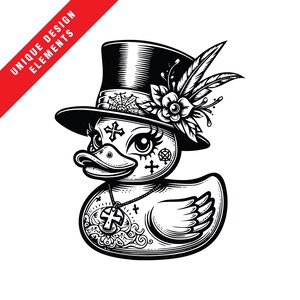 Könnte beinhalten: Schwarz-Weiß-Illustration einer Gummiente mit Zylinder, verziert mit einer Blume und Federn. Die Ente hat Kreuze und geometrische Muster auf ihrem Gesicht und eine Halskette mit Anhänger. Der Text "UNIQUE DESIGN ELEMENTS" ist enthalten.