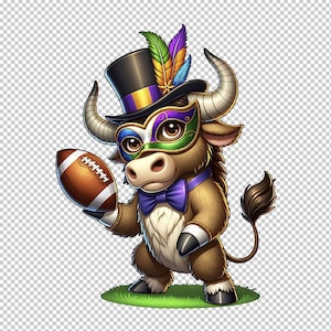 Búfalo de Mardi Gras em cartola e máscara veneziana com futebol PNG, ilustração original, download digital instantâneo, arte de fundo transparente