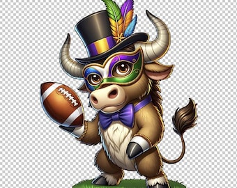 Bufalo di Carnevale con pallone da calcio PNG: cappello a cilindro e maschera veneziana (download digitale)