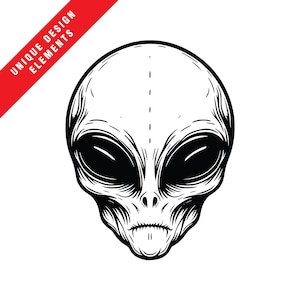 Könnte beinhalten: Schwarz-Weiß-Illustration eines Alien-Kopfes mit großen, ovalen Augen und einem kleinen Mund. Das Bild hat einen detaillierten, geätzten Stil. Der Text "UNIQUE DESIGN ELEMENTS" befindet sich in einem roten Banner oben links.
