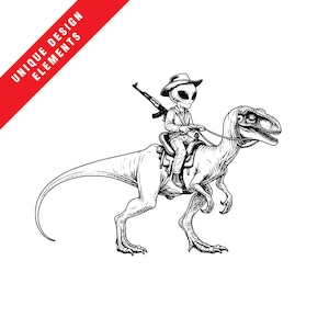 Alien de l'espace sellé et équitation dinosaure Clipart - EPS, SVG, PNG, Illustration vectorielle originale, téléchargement numérique instantané, extraterrestre