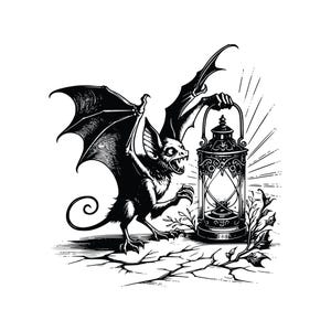 May include: A black and white illustration of a bat holding a lantern with a glowing light. The bat is perched on a rocky surface with plants growing around it.