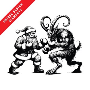 May include: A black and white illustration of Santa Claus and a horned devil wearing boxing gloves and facing each other in a boxing match.