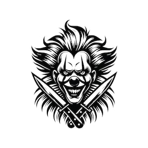 Payaso asesino con cuchillos, paquete de imágenes prediseñadas en formato AI, PNG y SVG, ilustración vectorial original, descarga digital instantánea, escala sin pérdida, arte