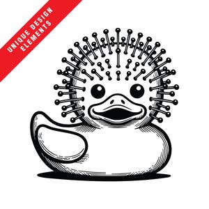 May include: A black and white illustration of a rubber duck with a crown of spikes on its head. The duck has a wide smile and is looking directly at the viewer.