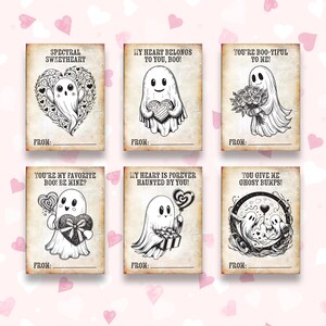Set von 6 Geister Valentinstag, Valloween Cutout Karten - Sofortiger Download PDF, Original Illustration, Geister Liebe Noten, Klassenzimmer Favoriten DIY