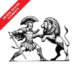 Puede incluir: Una ilustración en blanco y negro de un guerrero espartano luchando contra un león. El guerrero lleva un casco y una armadura, y sostiene una espada. El león ruge y tiene las garras afuera.