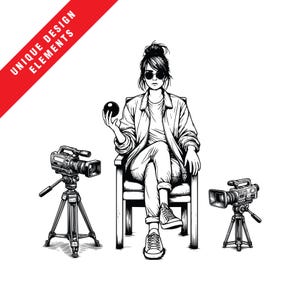 Chasseur de fantômes femelle avec enregistrement vidéo Clipart Set - EPS, SVG, PNG Bundle, Illustration vectorielle originale, téléchargement numérique instantané, gothique