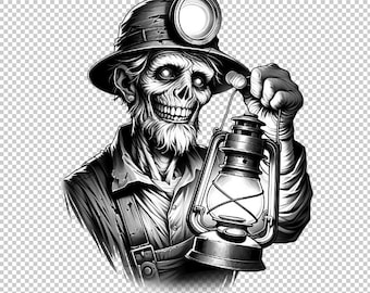 Vintage Miner Ghoul 300 DPI PNG Design - Printable Digital Download, Mining Ghost Clipart PNG - Creepy Halloween Graphics, Digital Download
