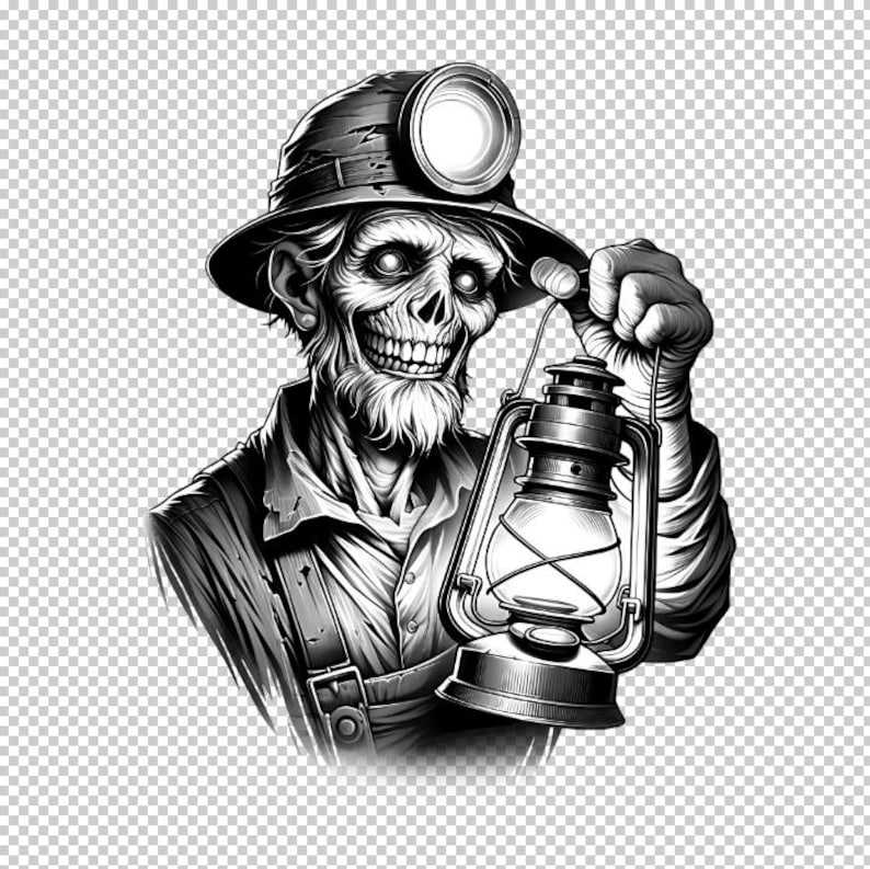 Uncover the eerie depths with our Miner Ghoul PNG Design! This haunting illustration features a ghastly miner, complete with ghostly details and a tattered outfit, perfect for adding a spine-chilling element to your creative projects.
