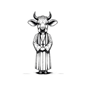 Op de afbeelding: Een zwart-witte illustratie van een koe die een priestergewaad en een ketting met een kruis draagt.