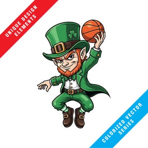 May include: A cartoon leprechaun in a green suit and hat with a shamrock, holding an orange basketball. The image has the text "UNIQUE DESIGN ELEMENTS" and "COLORIZED VECTOR SERIES".