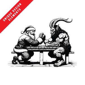 May include: A black and white illustration of Santa Claus and a horned devil arm wrestling at a wooden table.