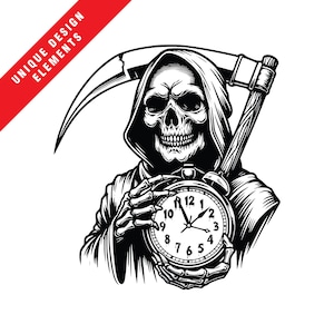May include: Black and white illustration of the Grim Reaper holding a clock, with a scythe over his shoulder. The clock shows the time. The words "UNIQUE DESIGN ELEMENTS" are in a red banner in the upper left corner.