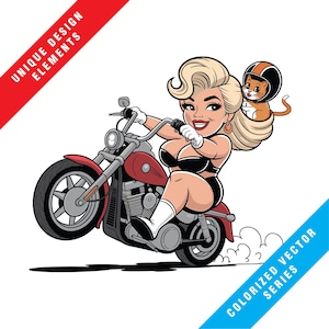 May include: A cartoon illustration of a woman riding a red motorcycle, with a cat wearing a helmet. The woman has blonde hair and is wearing a black outfit. The image includes text that says "UNIQUE DESIGN ELEMENTS" and "COLORIZED VECTOR SERIES."