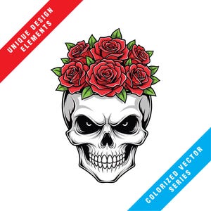 May include: A black and white illustration of a skull with red roses blooming from the top. The skull has a menacing expression with dark eye sockets and a full set of teeth. The image includes the text "UNIQUE DESIGN ELEMENTS" and "COLORIZED VECTOR SERIES".