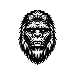 Op de afbeelding: Zwart-witte illustratie van een knorrende gorillakop. De gorilla heeft een dikke vacht en een prominente wenkbrauw.