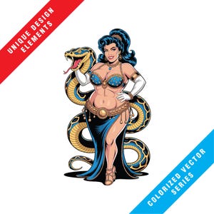 Peut inclure: Illustration colorée d'une femme en costume de danseuse orientale avec un serpent enroulé autour d'elle. La femme a les cheveux foncés et porte une tenue bleue et dorée. Le serpent est jaune et bleu. Le texte de l'image indique "UNIQUE DESIGN ELEMENTS" et "COLORIZED VECTOR SERIES".
