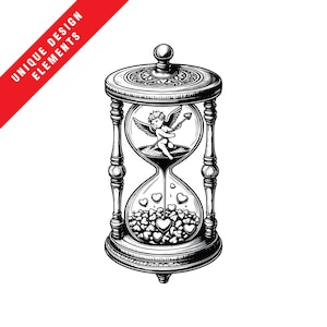 Conjunto de imágenes prediseñadas de reloj de arena de Cupido vintage: archivos EPS, SVG, PNG, ilustración vectorial original, descarga digital instantánea, diseño único para San Valentín
