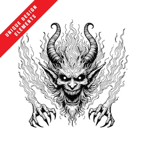 Może przedstawiać: Czarno-biała ilustracja demonicznej postaci z rogami, ostrymi zębami i szponiastymi dłońmi. Obraz ma szczegółowy styl linii z tekstem "UNIQUE DESIGN ELEMENTS" na czerwonym banerze.