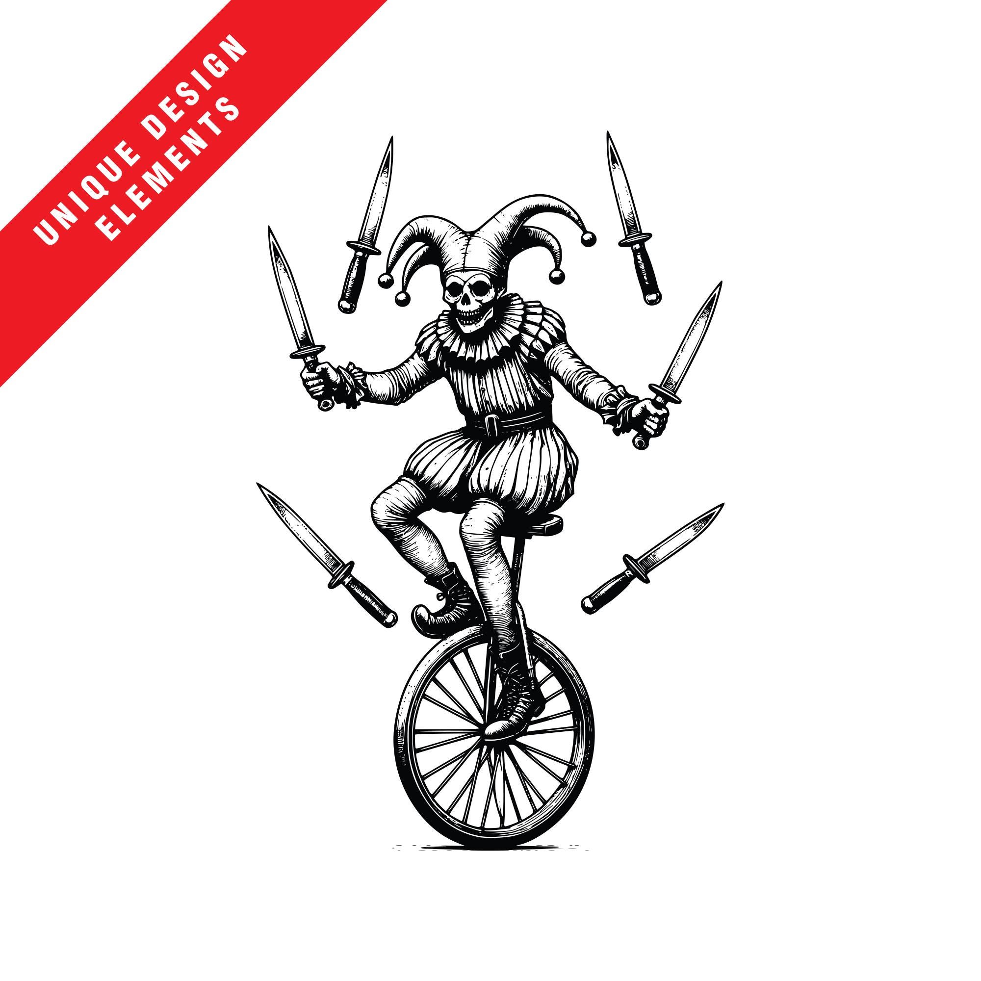 Creepy Jester Unicycle Clipart: Knife Juggling Graphics (EPS SVG