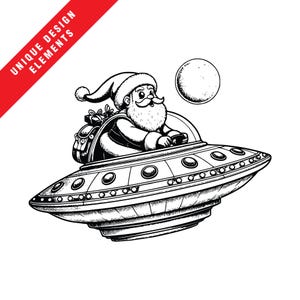 Wunderliche fliegende Untertasse des Weihnachtsmanns - Clipart-Sammlung EPS, SVG, PNG, Originale Vektor-Illustration, sofortiger digitaler Download, einzigartige Grafikkunst